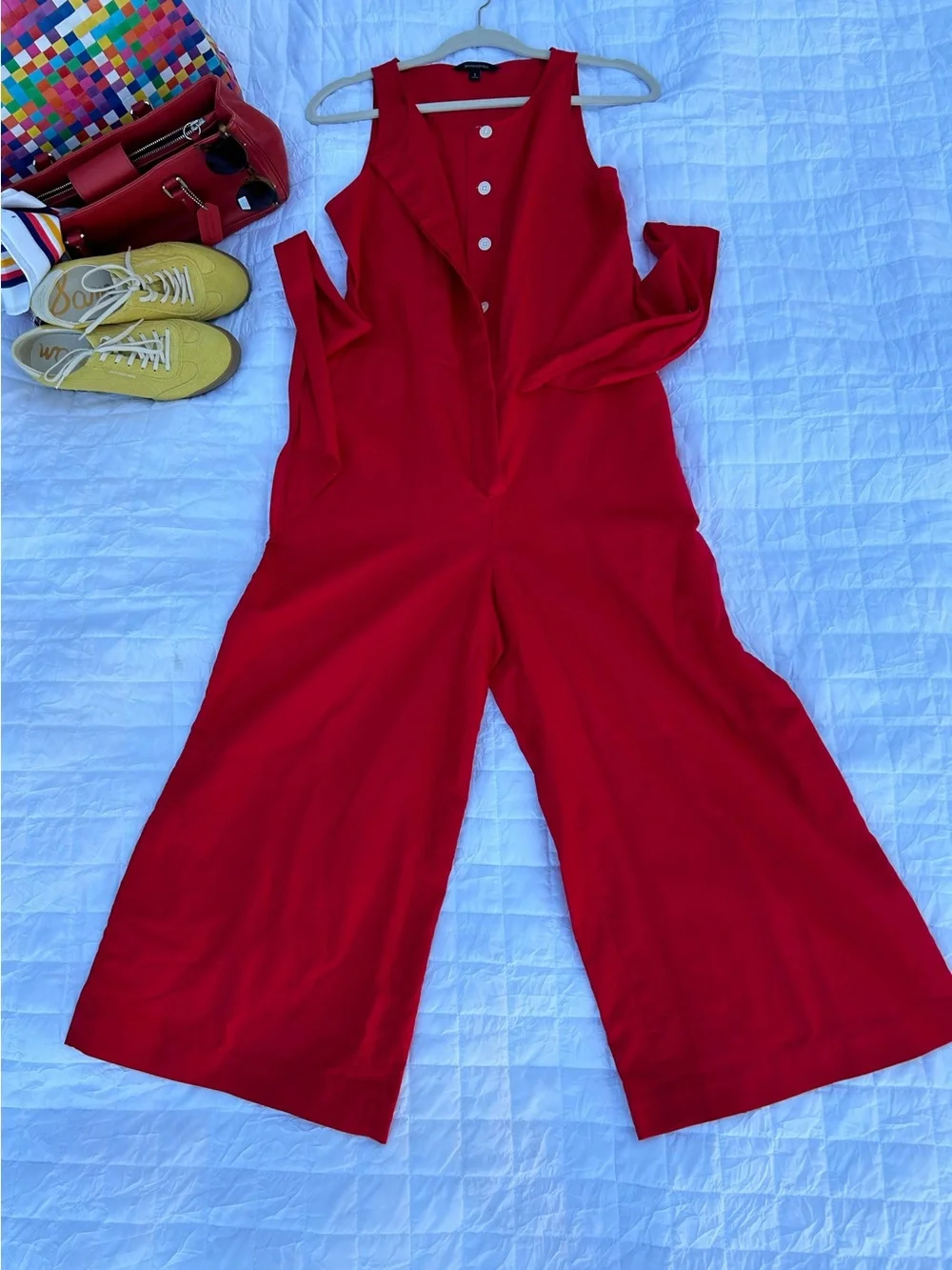 Size S Banana Republic Red Button Up Linen Wide Leg Crop Jumper with Tie Straps